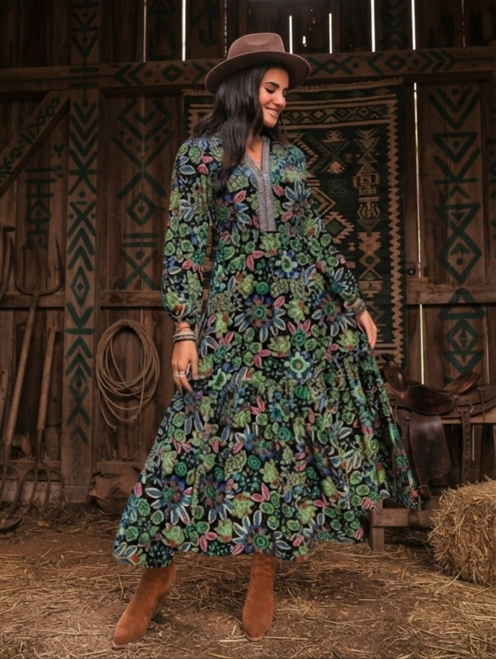 Bohemian Floral Maxi Dress - Black with Multicolor Floral - Picture 1 of 14